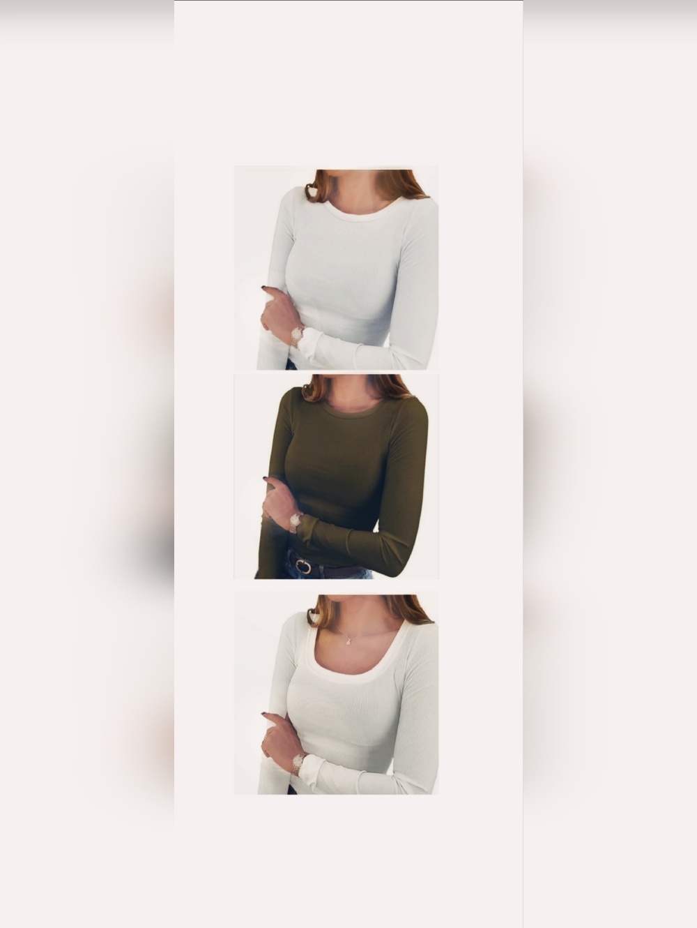 Womem's Ribbed Long Sleeve Tops Bundle 3 Pc White & Olive Slim Fit - Size Small